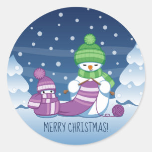 Sneeuwman Breiend Kerstsjaal Ronde Sticker