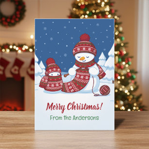Sneeuwman Breiend Kerstsjaal van Familie Feestdagenkaart