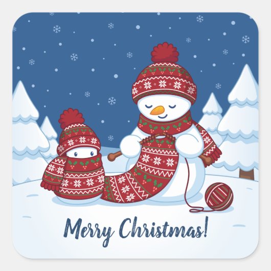 Sneeuwman Breiend Kerstsjaal Vierkante Sticker (Voorkant)