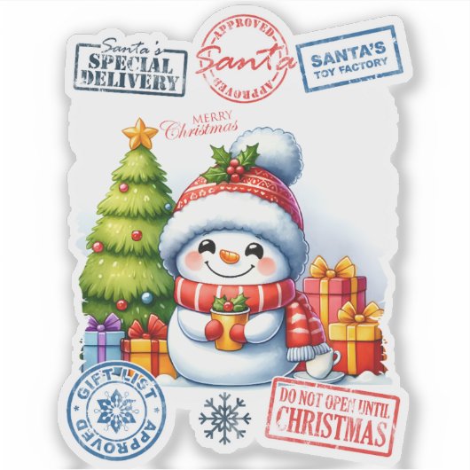Sneeuwman & Cadeaus Kerst stickers (Voorkant)