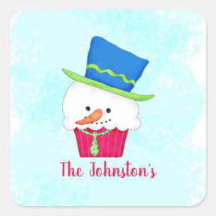 Sneeuwman Cupcake Naam Gepersonaliseerde Dessert F Vierkante Sticker