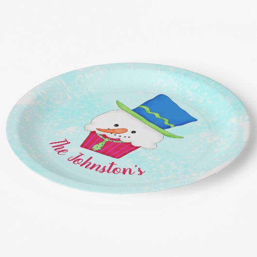 Sneeuwman Cupcake Naam Persoonlijk Feestje Dessert Papieren Bordje (Gekanteld)