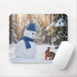 Sneeuwman die boos kijkt naar een konijn muismat