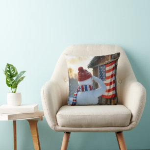 Sneeuwman die een Amerikaanse vlag groet Kussen