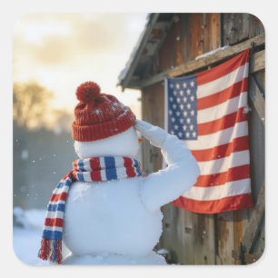 Sneeuwman die een Amerikaanse vlag groet Vierkante Sticker
