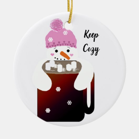 Sneeuwman die een mok warme chocolademelk omhelst keramisch ornament (Voorkant)
