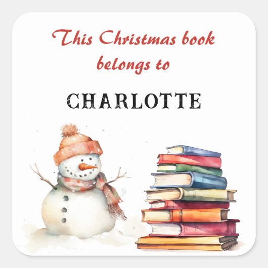Sneeuwman Dit kerstboek is van Naam Vierkante Sticker (Voorkant)