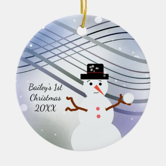 Sneeuwman Draai Eerste Kerstmis Keramisch Ornament (Voorkant)