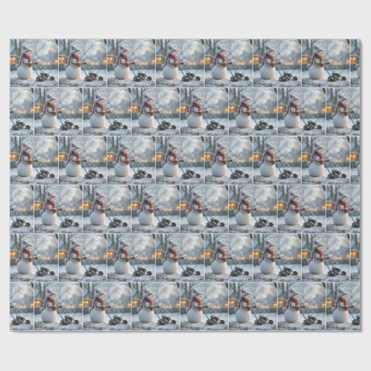 Sneeuwman duwt een retro grasmaaier op besneeuwd g cadeaupapier (Vlak)