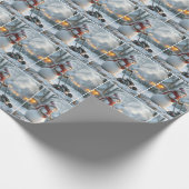 Sneeuwman duwt een retro grasmaaier op besneeuwd g cadeaupapier (Hoek)