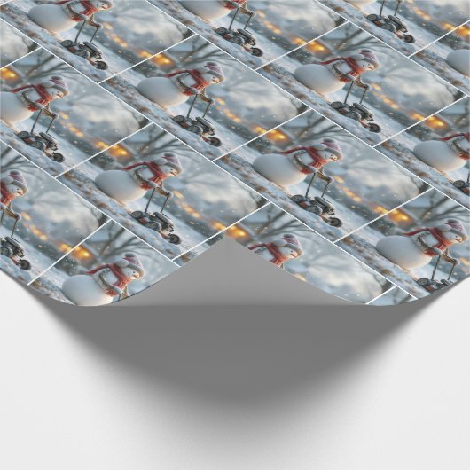 Sneeuwman duwt een retro grasmaaier op besneeuwd g cadeaupapier (Hoek)