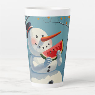 Sneeuwman eet watermeloen latte mok