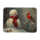 Sneeuwman en een kardinaal olieverfschilderij Flex Magneet (Horizontaal)