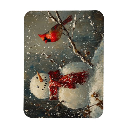 Sneeuwman en een kardinaal olieverfschilderij Flex Magneet (Verticaal)