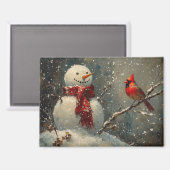 Sneeuwman en een kardinaal olieverfschilderij magneet (Voorkant / Achterkant)