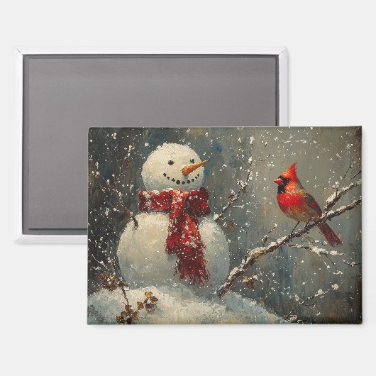 Sneeuwman en een kardinaal olieverfschilderij magneet (Voorkant / Achterkant)