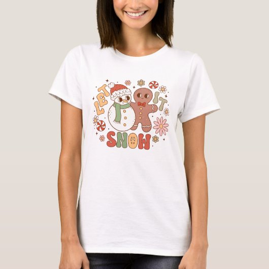 Sneeuwman en Gingerbread Man Laat Het Sneeuw T-Shi T-shirt (Voorkant)