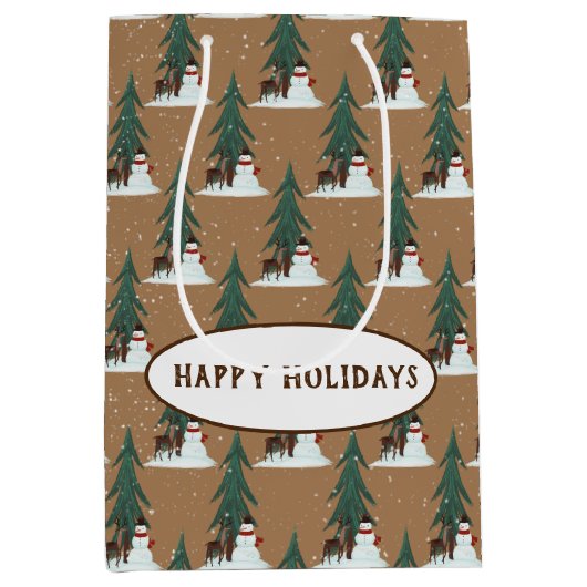 sneeuwman en hert in sneeuwvlokken medium cadeauzakje (Voorkant)