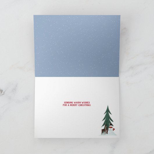 sneeuwman en hert in sneeuwvlokken op blauw feestdagen kaart (Binnen)
