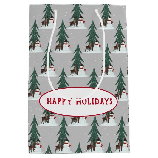 sneeuwman en hert in sneeuwvlokken op grijs medium cadeauzakje (Voorkant)