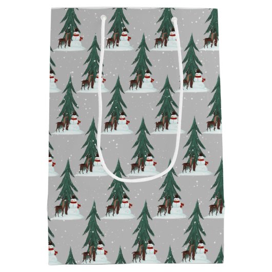 sneeuwman en hert in sneeuwvlokken op grijs medium cadeauzakje (Achterkant)