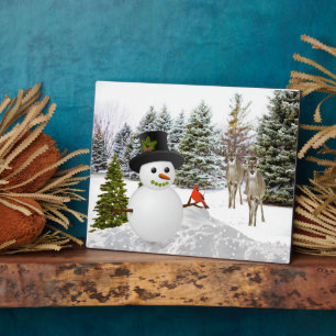 Sneeuwman en Hert / Winter Huisdecoratie Fotoplaat