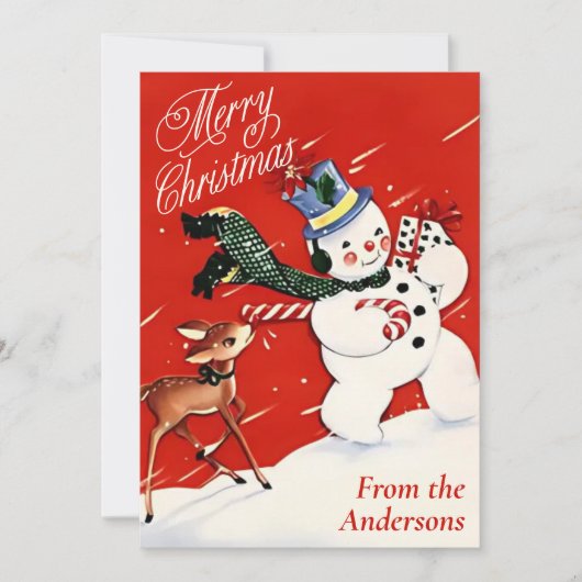  sneeuwman en herten aangepaste kerst feestdagenkaart (Voorkant)