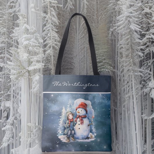 Sneeuwman en jongen met sjaals Sterrennacht Monogr Tote Bag