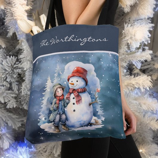 Sneeuwman en jongen met sjaals Sterrennacht Monogr Tote Bag