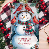 Sneeuwman en kardinalen personaliseren Kerstmis Theedoek