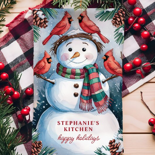 Sneeuwman en kardinalen personaliseren Kerstmis Theedoek