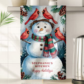 Sneeuwman en kardinalen personaliseren Kerstmis Theedoek