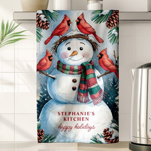 Sneeuwman en kardinalen personaliseren Kerstmis Theedoek