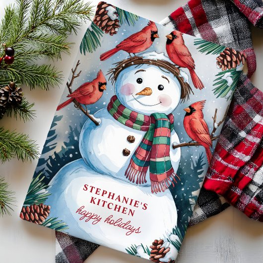 Sneeuwman en kardinalen personaliseren Kerstmis Theedoek