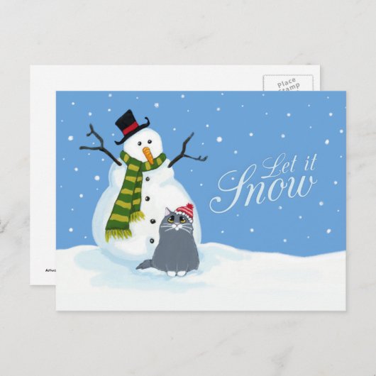 Sneeuwman en kat | Laat het sneeuwkerst Briefkaart (Voorkant / Achterkant)