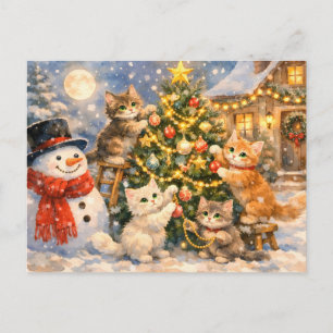 Sneeuwman en katjes versieren kerstboom feestdagenkaart