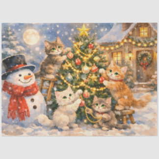 Sneeuwman en katjes versieren kerstboom tissuepapier