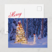 Sneeuwman en kerstboom op een winteravond feestdagenkaart (Voorkant / Achterkant)