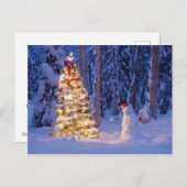 Sneeuwman en kerstboom op een winternacht feestdagenkaart (Voorkant / Achterkant)