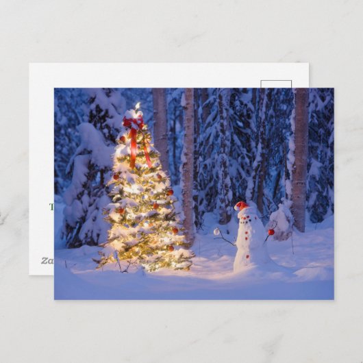 Sneeuwman en kerstboom op een winternacht feestdagenkaart (Voorkant / Achterkant)