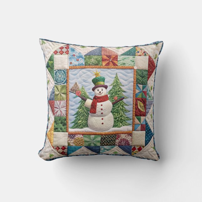 Sneeuwman en kerstboom Quilt Print Kussen (Voorkant)