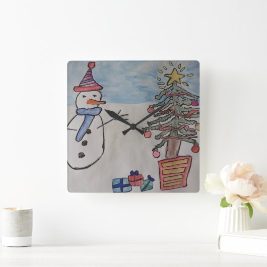 Sneeuwman- en kerstboomwandklok vierkante klok (Huis)