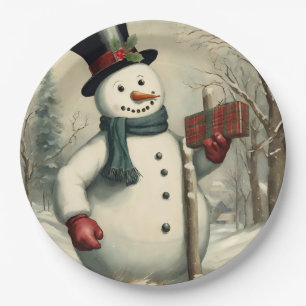 Sneeuwman en Kerstcadeau Winter Illustratie Papieren Bordje