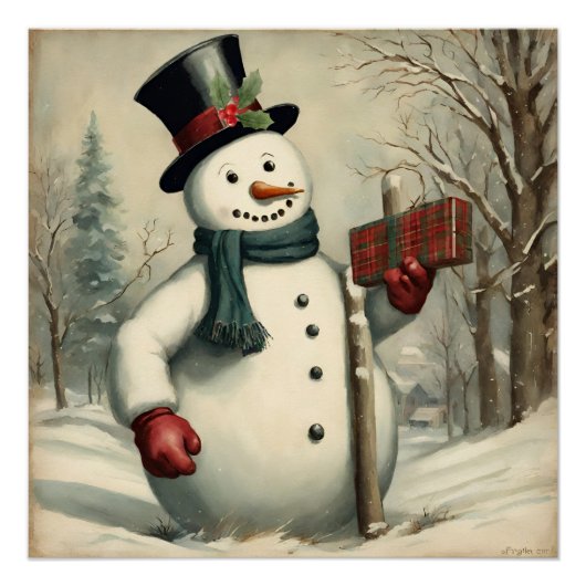 Sneeuwman en Kerstcadeau Winter Illustratie Perfect Poster (Voorkant)