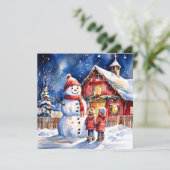 Sneeuwman en kinderen  Boerderij Kerst Kaart (Staand voorkant)