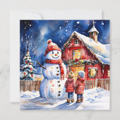 Sneeuwman en kinderen  Boerderij Kerst Kaart (Voorkant)