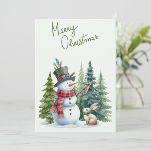 Sneeuwman en konijn vrolijke kerst Kaart (Staand voorkant)
