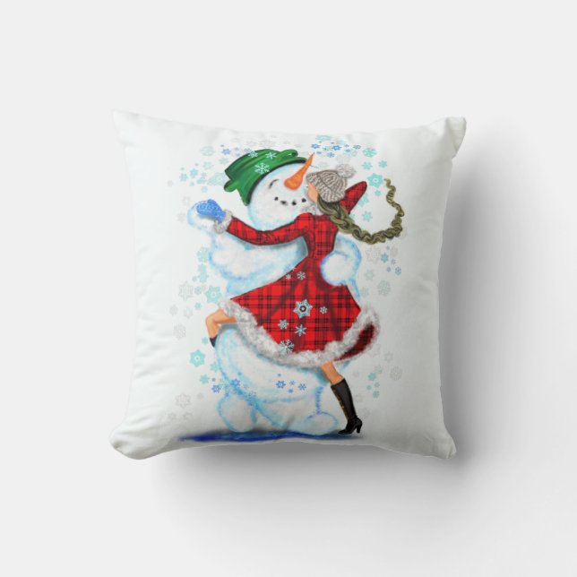 Sneeuwman en meisje dansers grappig kerstkussen kussen (Voorkant)