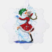 Sneeuwman en Meisje Dansers Kerst Ornament Kaart (Voorkant)