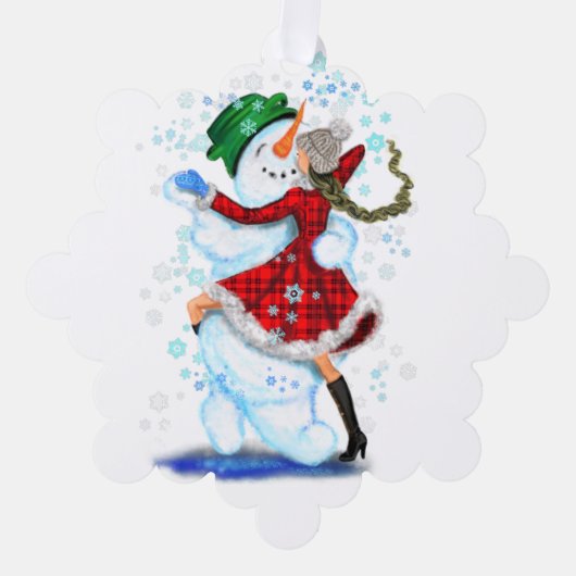 Sneeuwman en Meisje Dansers Kerst Ornament Kaart (Voorkant)